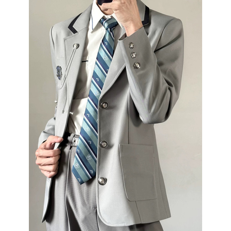 Japanese School Style Dk Uniform Set - Embroidered Crest Blazer & Shirt Tie Trousers Vintage
