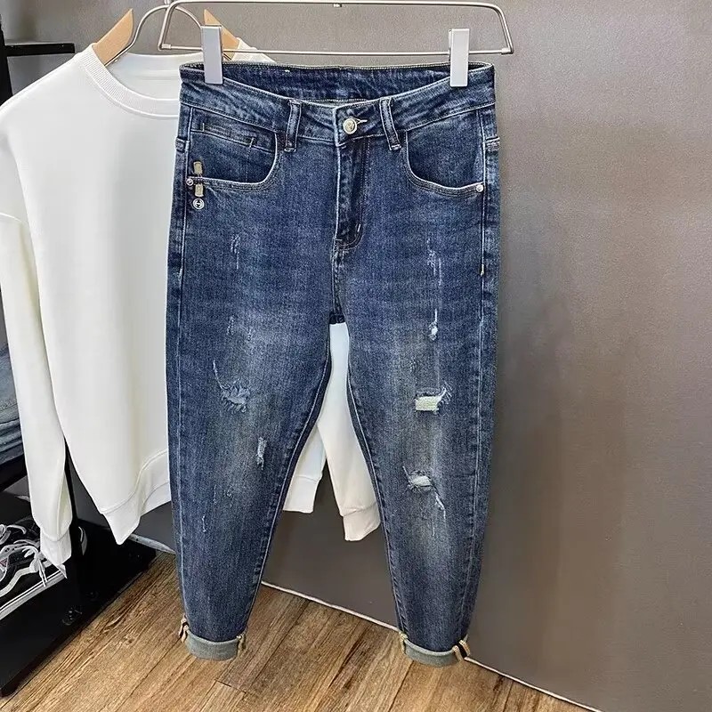 2024 Summer New Men'S Jeans Korean Style Trendy Dad Jeans Micro Flare Trousers Fashionable Holed