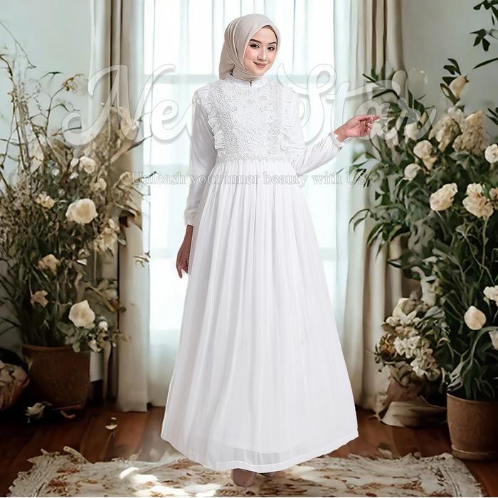 Newstar - Baju Gamis Putih Wanita Kekinian Dress Lebaran 2025 Abaya Warna Putih Mewah B43