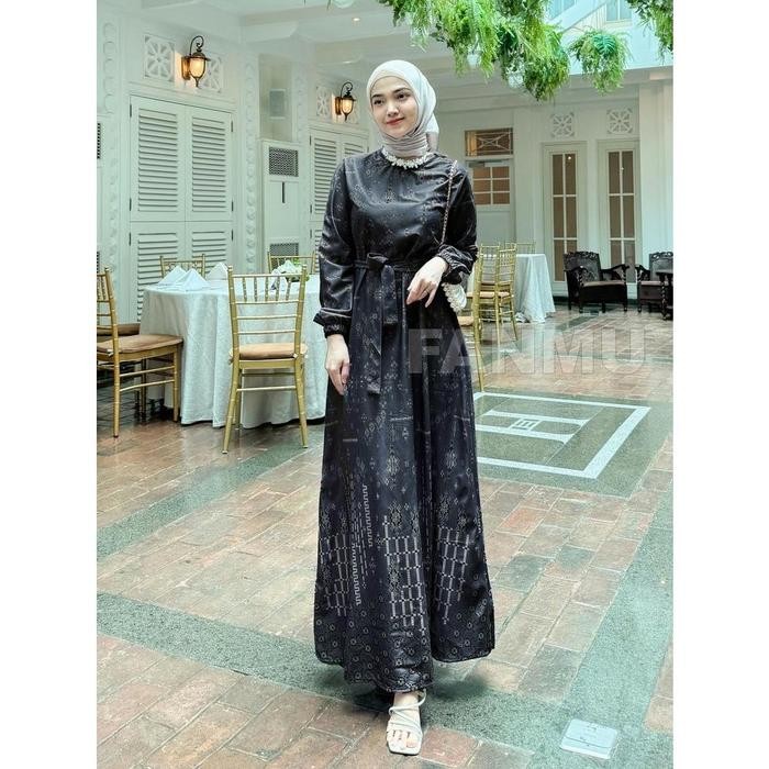 Fanmu Dress Gamis Busui & Wudhu Friendly Hijau Hitam Link Dress Lebaran Motif Gamis Wanita Muslim