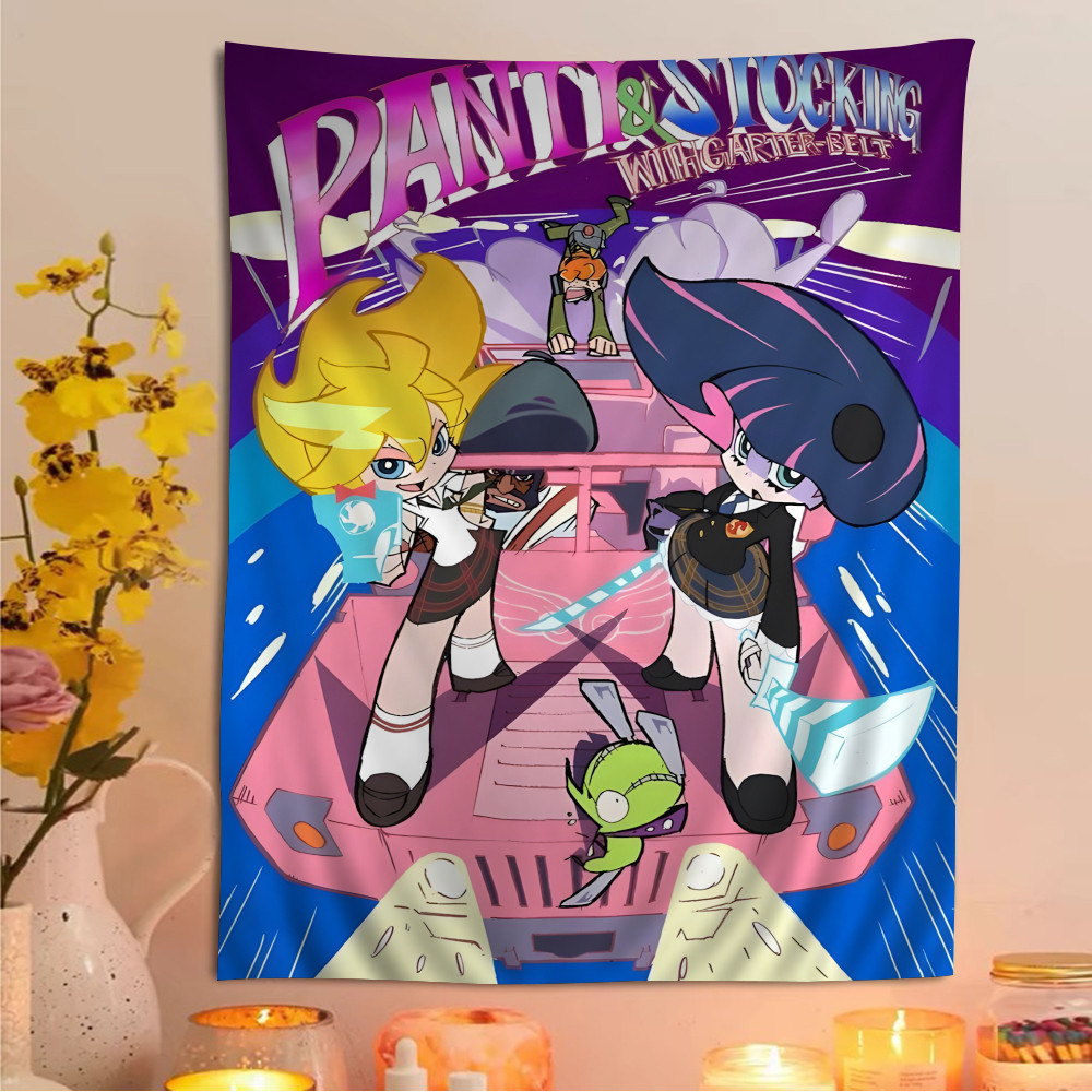 Anime Panty And Stocking With Garterbelt Colorful Tapestry Wall Hanging Bohemian Wall Tapestries