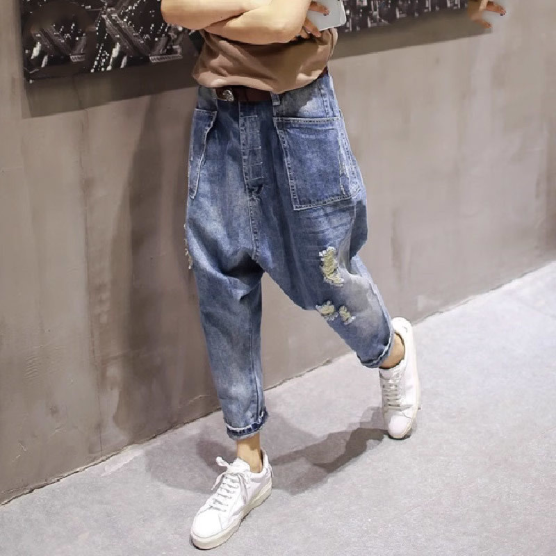Autumn New Arrival Womens Bf Style Drop-Crotch Harem Denim Cowboy Carpenter Hole Ripped Jeans Loose
