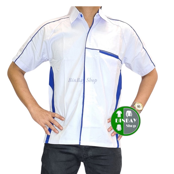 Kemeja Seragam Kerja Drill Putih Lis Biru