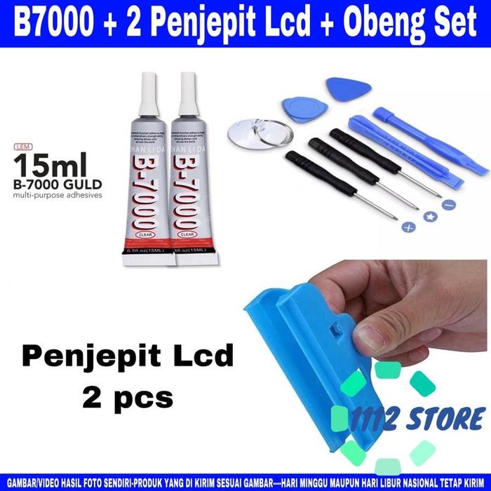 OBENG SATU SET LENGKAP SERVICE HANDPHONE - 1 SET OBENG + 2 PENJEPIT LCD DAN SATU LEM B7000 15ML LEM