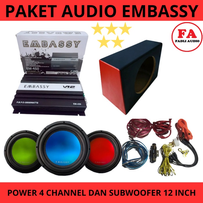 Paket Audio Mobil Power 4 Channel Embassy Dan Sub Embassy 1228C + Box