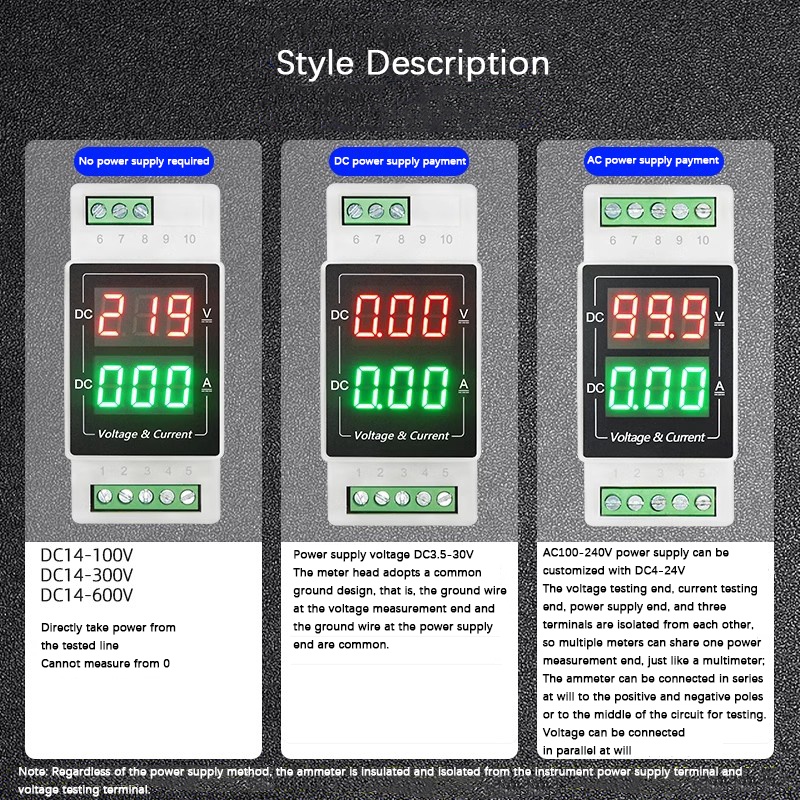 PRF Din Rail Type DC Digital Display 100V Voltmeter 20A Ammeter 50A Digital Integrated Meter 14-100V