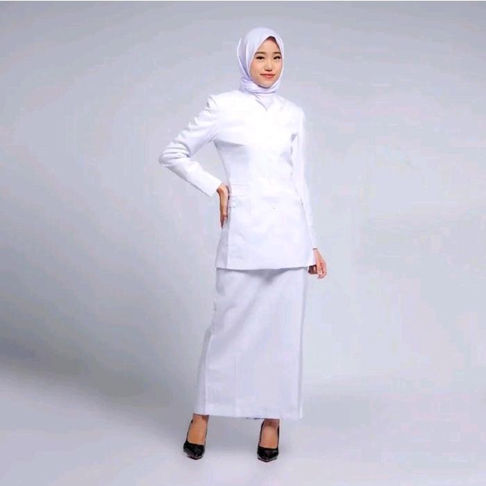 Stelan Blazer Putih Baju Seragam Dinas Bidan dan Perawat Terbaru Setelan Wanita Kerja Kantor