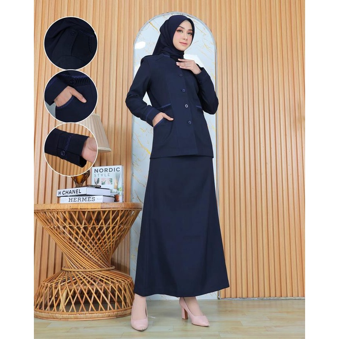 Baju Dinas Seragam kerja Khusus Guru Model 902 Biru Dongker Setelan Rok.A Poliester Wanita Free