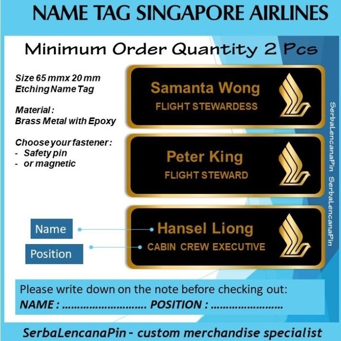 

Singapore Airlines Name Tag - SIA SQ - Flight Stewardess Name Badges Kode 581