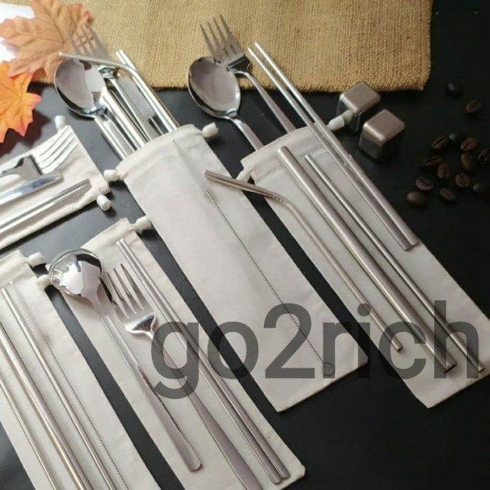 Sendok Set Sendok Korea Set Garpu Sumpit Sedotan Stainless Set Pouch