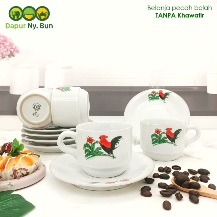 6 Pasang Cangkir Set Kopi Motif AYAM JAGO JADUL / Gelas & Saucer