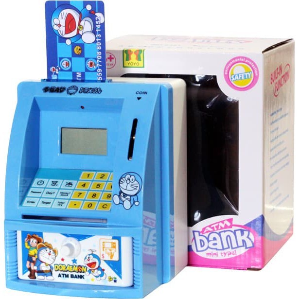 CELENGAN ATM MINI DORAEMON MESIN HITUNG SALDO UANG KERTAS DAN KOIN