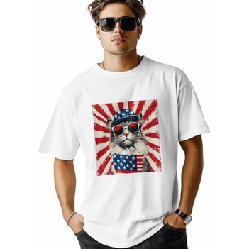 Kaos untuk Pria, Kaus Bergambar Bendera Amerika Merah Putih Retro Kucing, Kemeja Pria|iEu2oEXZ|