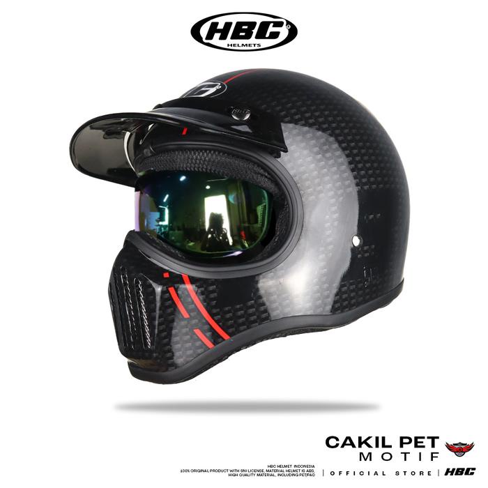 Helm HBC Cakil Pet Inner Visor MOTIF CARBON Helm Retro Full Face SNI