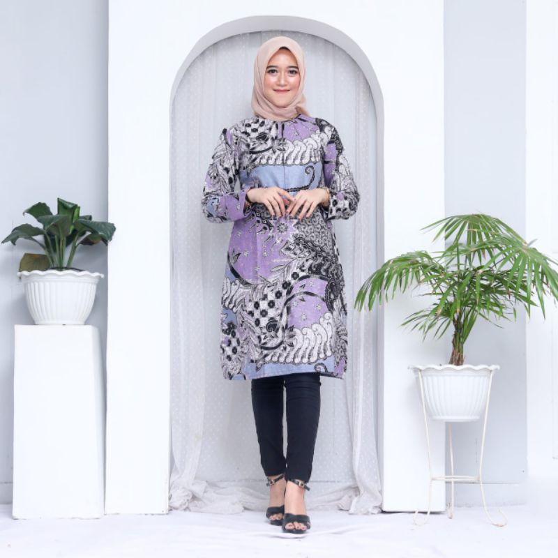 Batik Tunik Wanita Seleting Depan 3 Warna Ungu Biru Dan Merah TERPOPULER