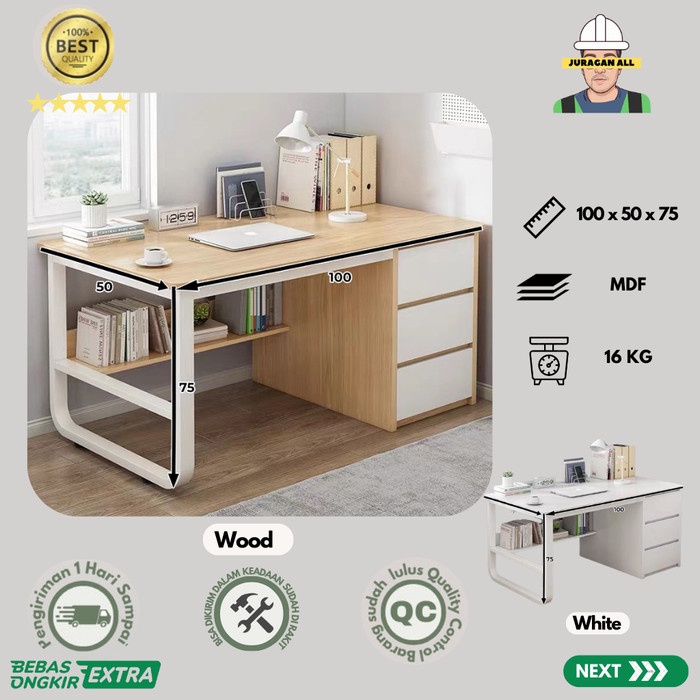 PREMIUM MEJA KERJA MINIMALIS/MEJA KANTOR LACI/MEJA BELAJAR/MEJA KOMPUTER 100CM STANDART - WOOD