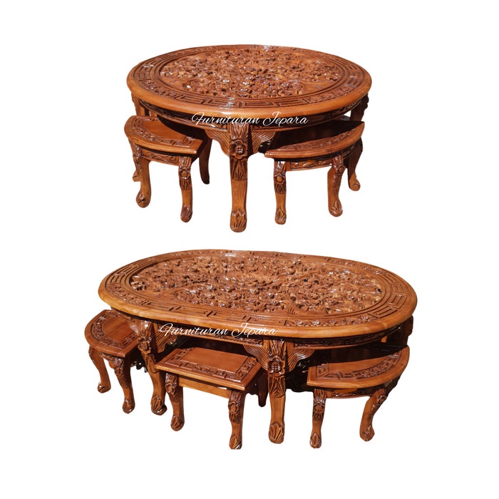 PREMIUM Meja Oshin Oval & Bulat Ukiran Kayu Jati