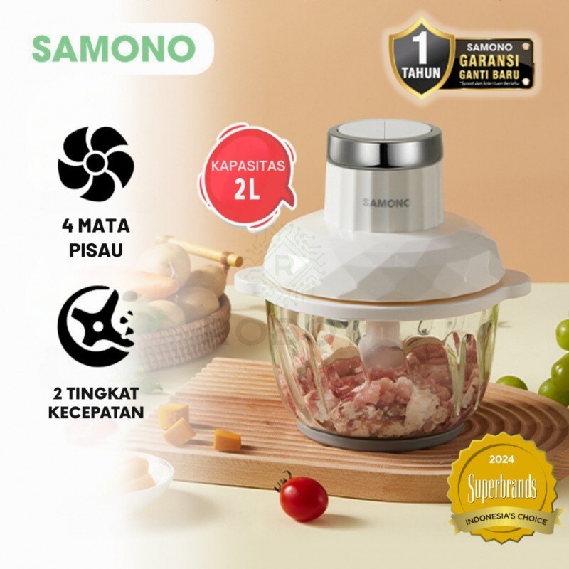 SAMONO Food Chopper Penggiling Daging Bumbu Choper Kapasitas 2L Coper 4 Pisau Besar 300W Food Proces