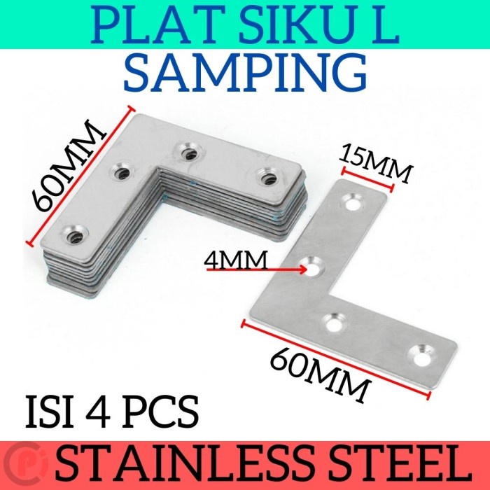 PREMIUM Isi 4 Pcs Plat Siku L Samping Bahan Stainless Steel Ukuran 60 x 60mm