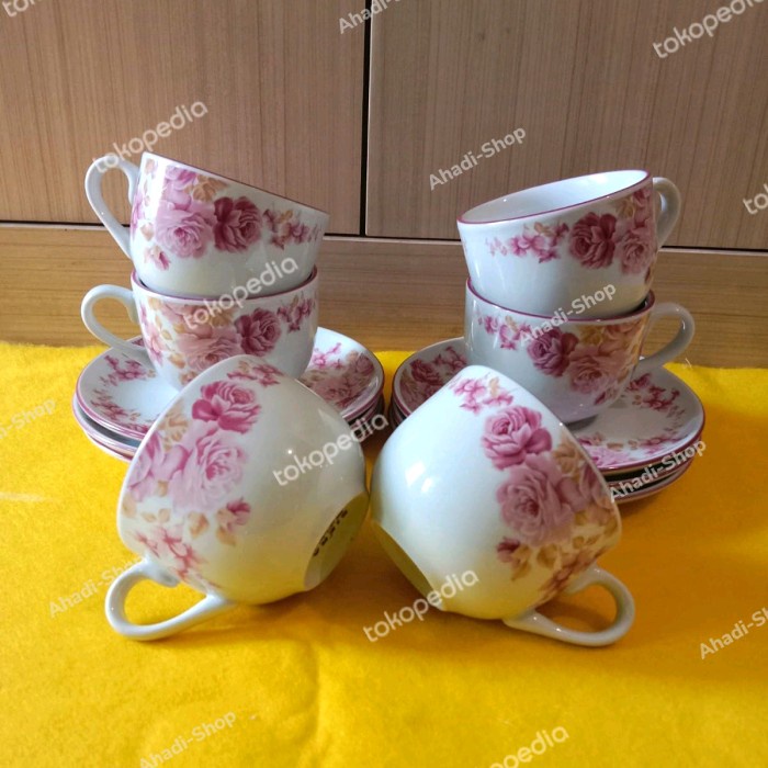 CANGKIR SET KOPI KERAMIK / MOTIF PUTIH PINK ROSI / TEA CUP PREMIUM KODE 1285
