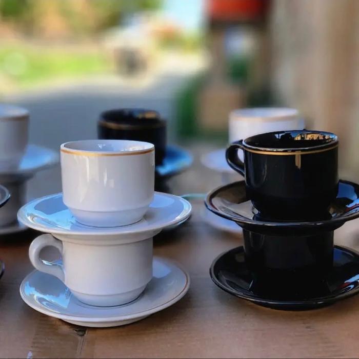 (KELUARGASTORE)12 PCS CANGKIR KERAMIK LIST EMAS HITAM & LIST PUTIH SET - 6 PCS SEPASANG CANGKIR DAN