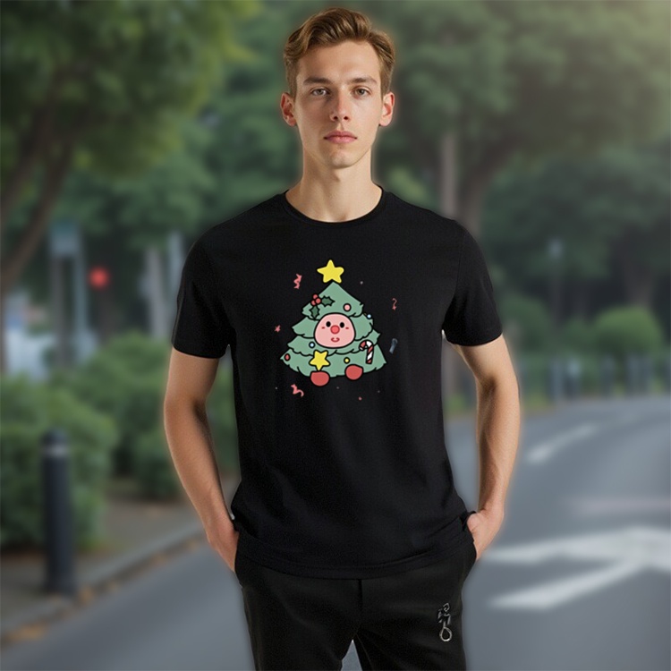 【Best Price】 kaos singlet pria Christmas Pig Cute Tree Print T shirt Motif Batik Modern