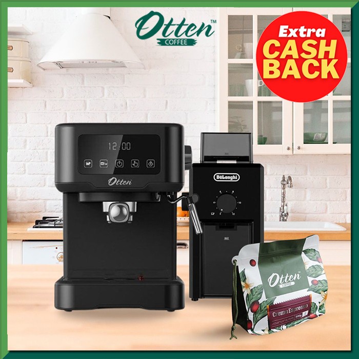 Otten - Mesin Kopi Espresso 15 Bar (Ottura Layar Sentuh) + DeLonghi Coffee Grinder KG79 + Crema