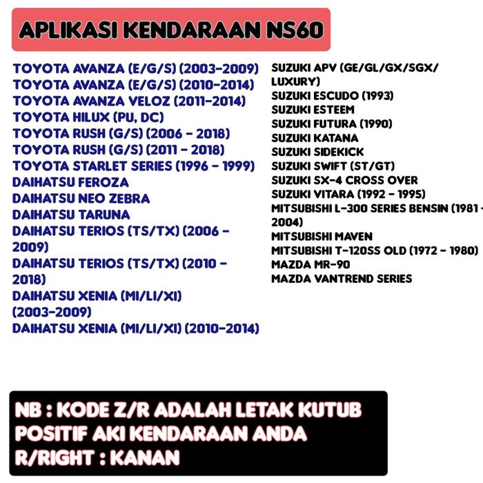 AKI MOBIL AVANZA/TERIOS/RUSH/TARUNA/XENIA/KATANA/ESCUDO/APV GS GOLD STAR NS60 PREMIUM 45 AMPERE