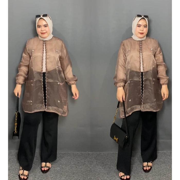 EKSLUSIF Chica Outer Kondangan Tunik Organza Jumbo LD 120cm Cardigan Muslim Panjang Wanita Dewasa