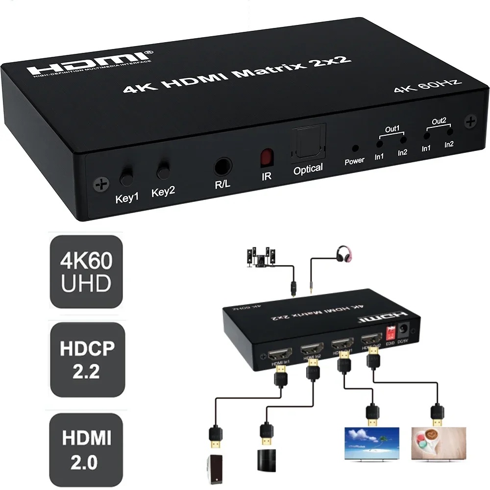 BARU 4K 60Hz 2x2 HDMI Matrix Switcher 2 In 2 Out HDMI Switch Splitter Audio Extractor Video Converte