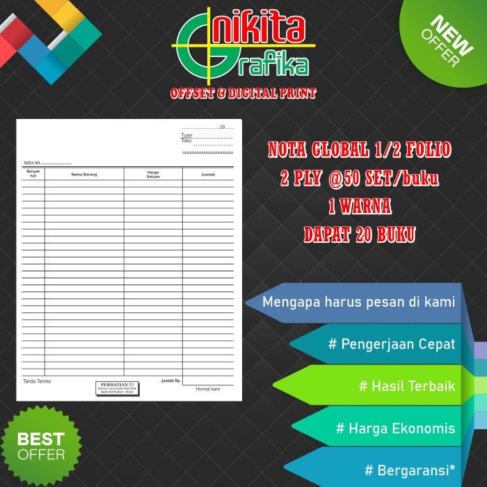 

Cetak Nota Bon 3 Rangkap/Ply Carbonless Tanpa Karbon 1 RIM SET TERLARIS/TERMURAH/TERPOPULER
