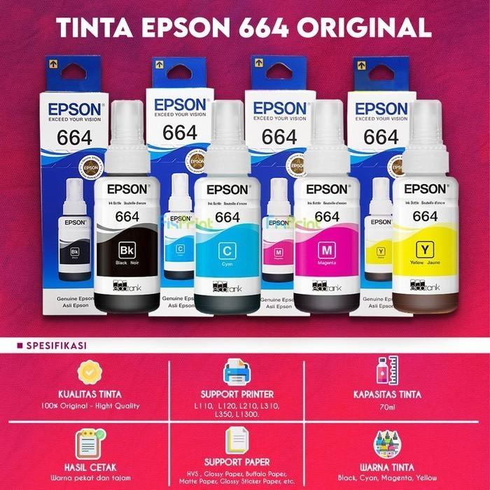 Tinta Refill Epson Original Ori 664 t6641 Black Cyan Magenta Yellow 70ml, Printer L110 L120 L210