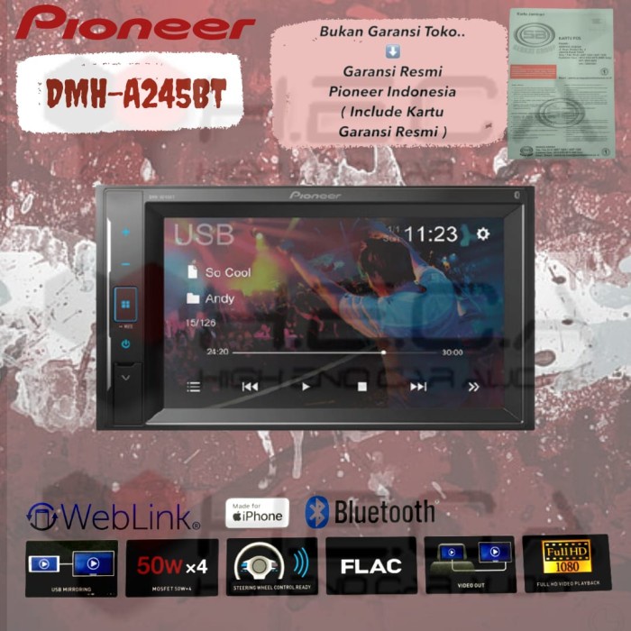 Pioneer DMH-A245BT Head Unit Double Din DMH A245 BT Tape Audio Mobil
