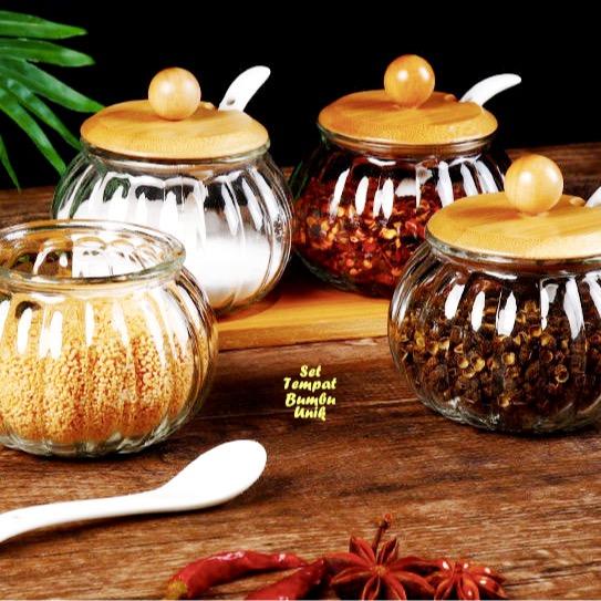 SALE  BULAT LABU TEMPAT BUMBU UNIK TOPLES KACA WADAH KAYU ISI 3 TEMPAT BUMBU + 1 WADAH KAYU SET