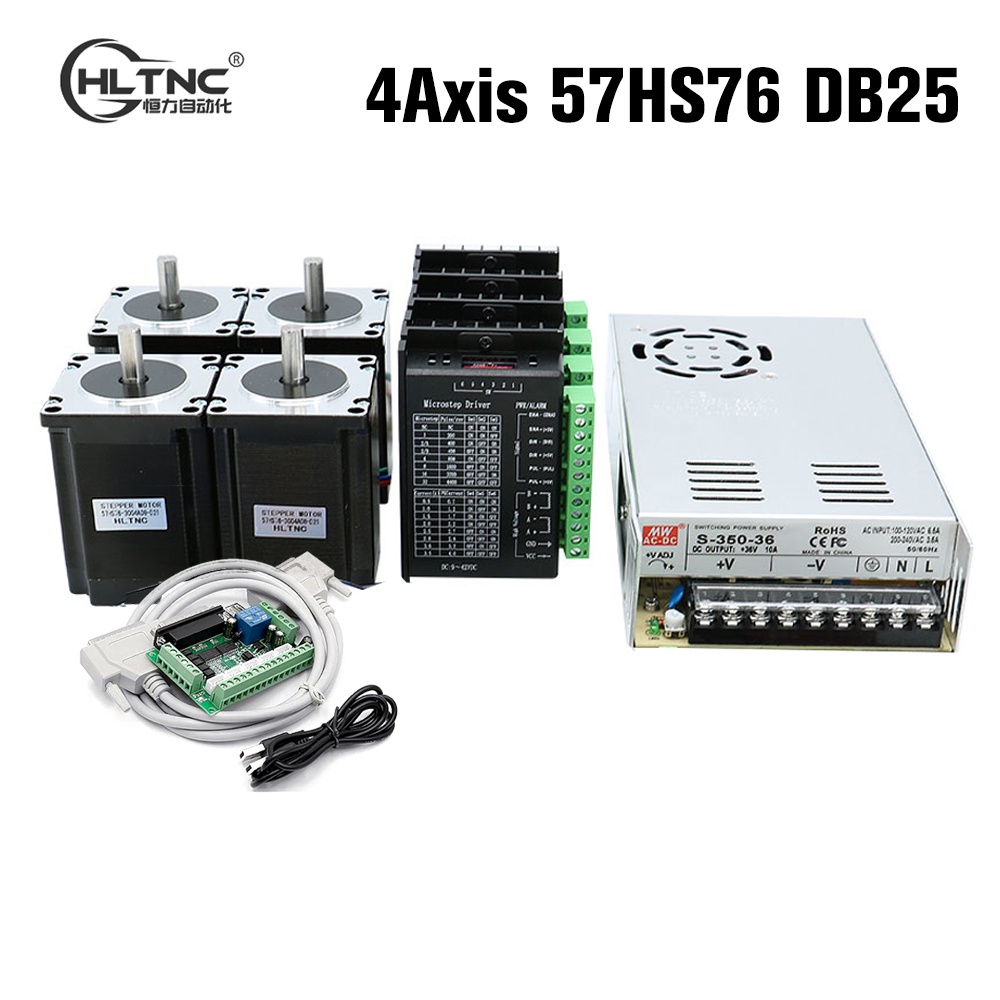 ZK 4 Axis 4pcs Nema23 57 76mm stepper motor with DM542 driver+ MACH3 DB25 interface board+ 1 power s