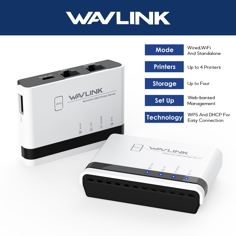 WAVLINK Server Cetak Nirkabel USB Server Printer WiFi Server Printer WiFi dengan 10/100Mbps LAN /