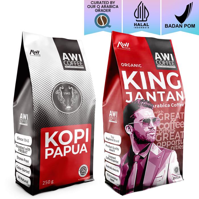 

Awi Coffee Kingjantan 250Gr + Papua 250Gr Kopi Specialty Arabica Kopi Lanang / Peaberry Aroma