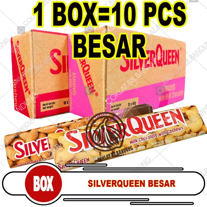 

SilverQueen 55 gram 1 Box Isi 10 ex 58 gram, SilverQueen 55gr Cokelat Susu Kacang Mete Coklat Ukuran