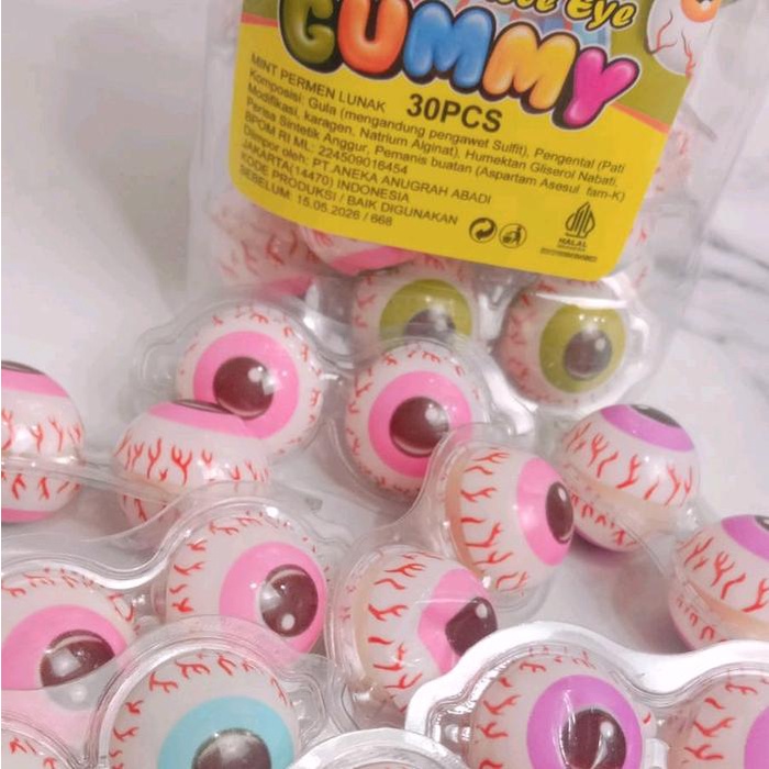 

GUMMY DOUBLE EYE Permen lunak rasa buah, 1 toples 30 pcs, BPOM. Candy
