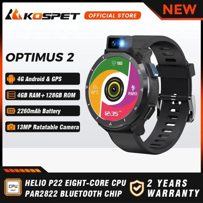 2023 New KOSPET OPTIMUS 2 Smartwatch Black 4G Android OS 2260mAh WIFI