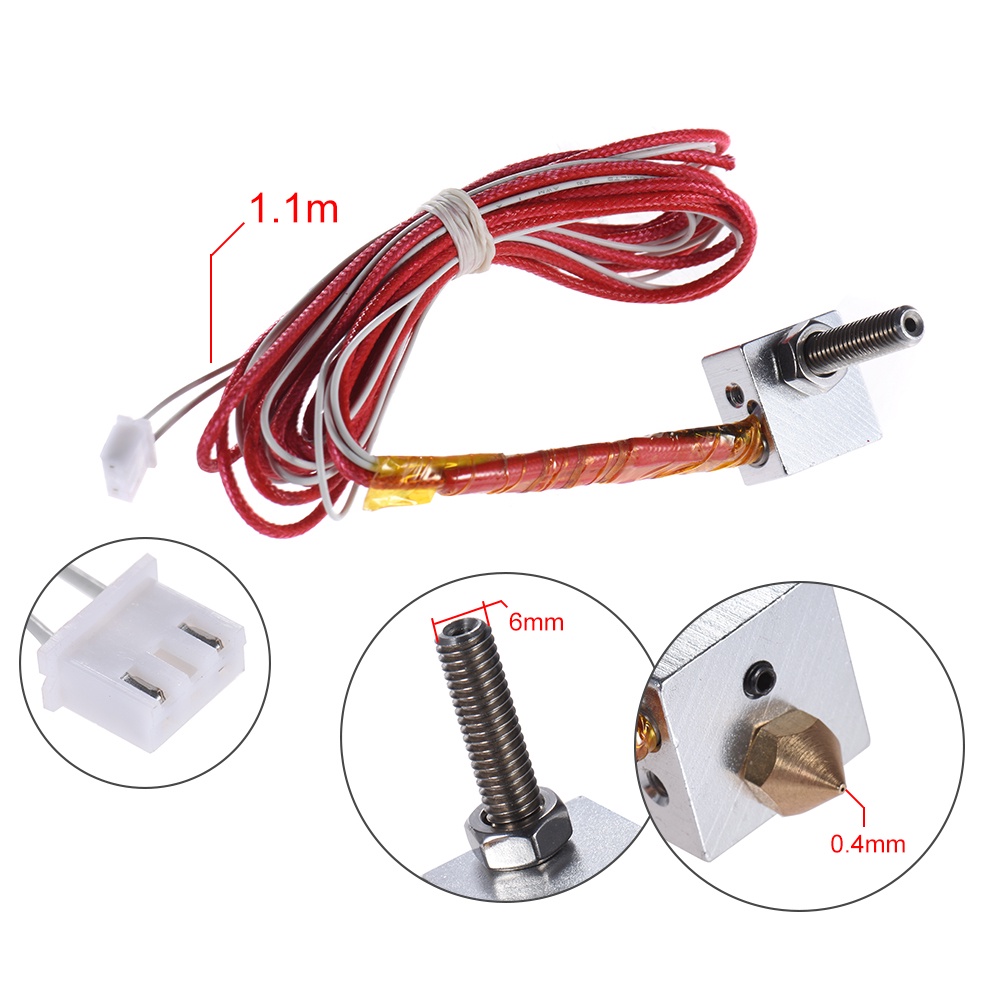 Hot End Kit 0.4mm Nozzle & M6 30mm Extruder Throat 12V 40W Heater Thermistor Heater Block for RapRep