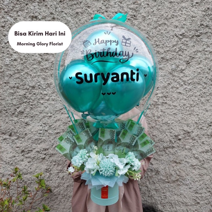 Balon Bouquet Buket Bucket Uang + Bunga (Isi Uang Sendiri) - MG
