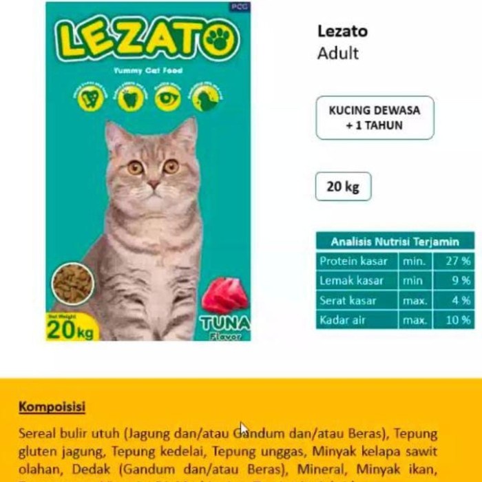 

Makanan Kering Kucing LEZATO 1 KG Repack Kemasan Polos
