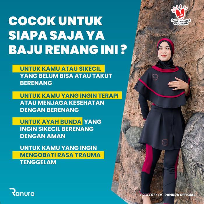 Best Seller Baju Renang Pelampung Wanita Muslimah Ranura Proswim Hijab Dewasa Panjang Syari Black