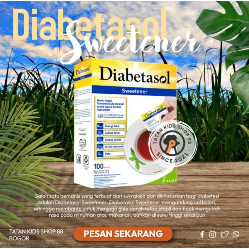 

HJE Swetener Diabetasol isi 100 Sachet Gula Pemanis Tanpa Kalori No calories Untuk Diabetes dan Diet