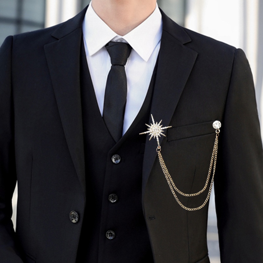 Lapel Pin Bros Jas Rantai Rumbai Bintang Brooch Pria Wanita Aksesoris Jas