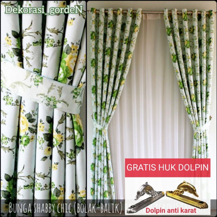 ADT- Gorden hordeng blackout shabby motif bunga depan belakang hijau merah