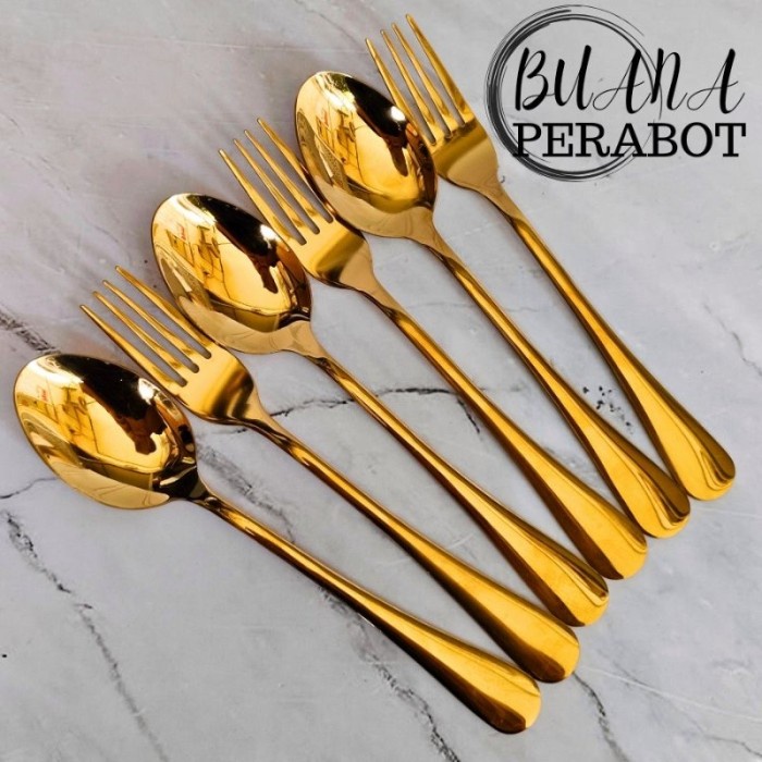 Promo 1 Set Sendok Makan Emas Dan Garpu Makan Emas Tebal Stainles / Sendok Restoran Sendok Hotel -