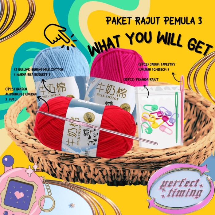 ..... Paket Rajut Untuk Pemula Set Alat Rajut + Benang Milk Cotton