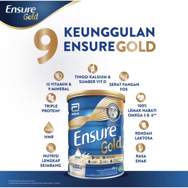 

ENSURE GOLD HMB VANILA COKLAT 800GR Susu Nutrisi Dewasa Rendah Laktosa